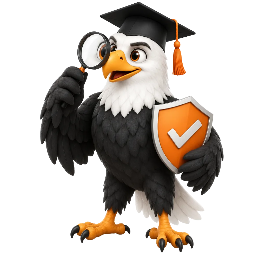 GetMYpanel eagle wearing a graduation cap, checking a listing with a magnifying glass and shield